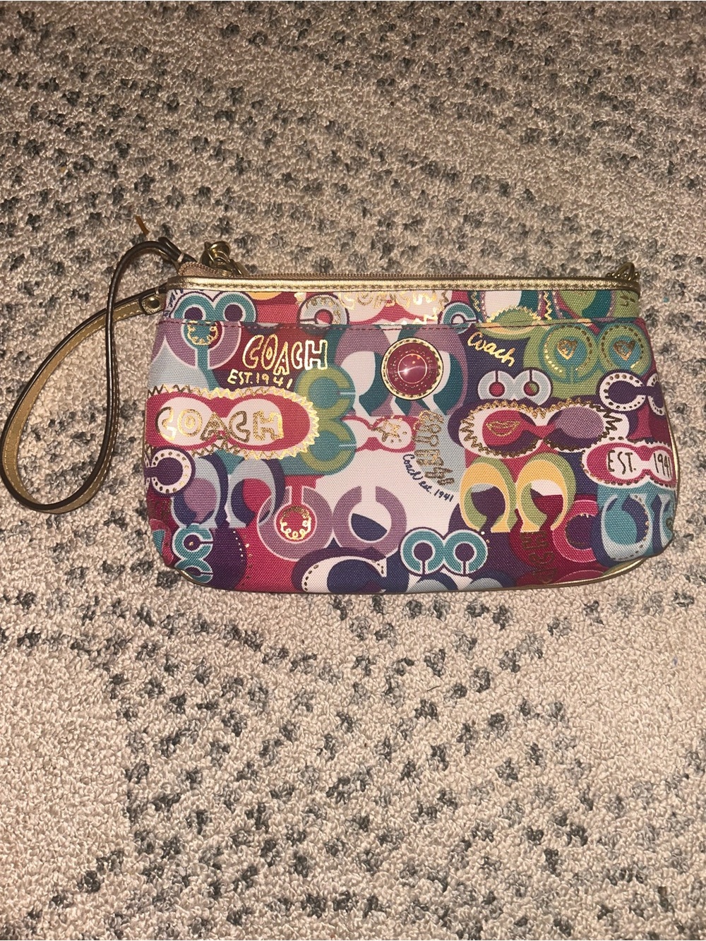 Coach Multicolor Logo Print Wristlet with Gold Hardware